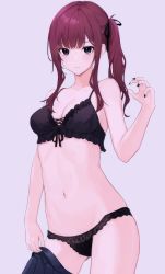 Rule 34 | 1girl, absurdres, bare arms, bare shoulders, bario, black bra, black eyes, black nails, black panties, black skirt, bra, breasts, closed mouth, contrapposto, expressionless, frilled bra, frills, gluteal fold, hair ribbon, highres, lingerie, long hair, looking at viewer, nail polish, navel, original, panties, pleated skirt, red hair, ribbon, side ponytail, sidelocks, skirt, skirt around one leg, small breasts, solo, spaghetti strap, standing, stomach, string bra, thighs, underwear
