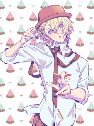 Rule 34 | 1boy, apollo chocolate, asymmetrical clothes, between fingers, black nails, blonde hair, blue eyes, brown hat, brown necktie, brown pants, chestnut mouth, chocolate, collared shirt, dress shirt, earrings, food-themed background, hair behind ear, hair between eyes, hair ornament, hairclip, hat, head tilt, heart, heart background, holding, holding hair ornament, jewelry, kurusu shou, looking at viewer, male focus, meromizawa, multicolored eyes, nail polish, necktie, pants, pink eyes, shirt, short hair, sleeves rolled up, solo, stud earrings, untucked shirt, unworn hair ornament, unworn hairclip, upper body, uta no prince-sama, white background, white shirt