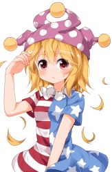 Rule 34 | 1girl, alternate hair length, alternate hairstyle, american flag dress, bad id, bad twitter id, blonde hair, blush, closed mouth, clownpiece, dress, frown, hat, highres, jester cap, neck ruff, polka dot, red eyes, ruu (tksymkw), short dress, short hair, short sleeves, simple background, solo, star (symbol), star print, striped clothes, striped dress, sweatdrop, touhou, upper body, white background