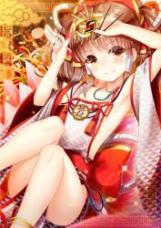 Rule 34 | 1girl, ahoge, akine (kuroyuri), anklet, apron, armpits, arms up, bare shoulders, bead necklace, beads, blush, bow, breasts, brown hair, chinese spoon, chopsticks, cleavage, cloud, collarbone, detached sleeves, food, hair between eyes, hair over eyes, hair tubes, highres, holding, holding chopsticks, holding spoon, jewelry, kamaboko, looking at viewer, magatama, magatama necklace, naked apron, narutomaki, necklace, no bra, no panties, noodles, ramen, sideboob, sitting, small breasts, solo, sound voltex, sound voltex ii infinite infection, spoon, tagme, yamashina kanade