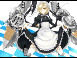 Rule 34 | 1girl, apron, azur lane, azure luna, black dress, blonde hair, boots, braid, bustier, chain, check commentary, checkered background, closed mouth, clothes lift, collar, commentary, commentary request, corset, dress, eyelashes, french braid, frilled dress, frills, full body, garter straps, hair over one eye, hair ribbon, high heel boots, high heels, highres, invisible floor, juliet sleeves, knee boots, kneeling, letterboxed, lifting own clothes, long sleeves, looking at viewer, maid, maid apron, maid headdress, armored boots, metal collar, poleyn, puffy sleeves, ribbon, rigging, sabaton, sheffield (azur lane), skirt, skirt lift, solo, thighhighs, tsurime, turret, white ribbon, white thighhighs, wrist cuffs, yellow eyes