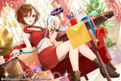 Rule 34 | 1girl, :d, brown eyes, brown hair, couch, crop top, gari (apollonica), gift, highres, indoors, lamp, meiko (vocaloid), meiko (vocaloid3), miniskirt, open mouth, phonograph, piapro, plant, short hair, sitting, skirt, sleeveless, smile, solo, tape, vocaloid, wrist cuffs