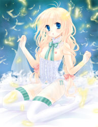 Rule 34 | blonde hair, blue eyes, blush, bow, bulge, crossdressing, feathers, hair bow, kohachi honey, lingerie, long hair, male focus, open mouth, original, panties, personification, sitting, thighhighs, trap, twintails, underwear, white legwear