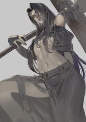 Rule 34 | 1boy, androgynous, asymmetrical sleeves, bare shoulders, black gloves, black hair, black skirt, bridal gauntlets, elbow gloves, gloves, guilty gear, guilty gear xx, highres, holding, holding scythe, long hair, long skirt, looking at viewer, looking to the side, male focus, navel, red eyes, red nails, scythe, skirt, testament (guilty gear), udakyo