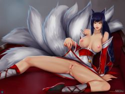 Rule 34 | 1girl, ahri (league of legends), animal ears, braid, breasts, breasts out, censored, clothes lift, couch, detached sleeves, facial mark, fox ears, fox tail, korean clothes, large breasts, league of legends, long hair, looking at viewer, multiple tails, nipples, no panties, pointless censoring, purple hair, pussy, signature, silent-fly, single braid, sitting, skirt, skirt lift, slit pupils, solo, tail, watermark, web address, whisker markings, yellow eyes