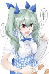Rule 34 | 10s, 1girl, :d, anchovy (girls und panzer), apron, blue apron, blue bow, blue bowtie, blue ribbon, blue skirt, blush, bow, bowtie, commentary request, drill hair, elf (stroll in the woods), gingham apron, girls und panzer, graphite (medium), green hair, hair ribbon, highres, holding, long hair, menu, open mouth, plaid, plaid apron, red eyes, ribbon, shirt, short sleeves, skirt, smile, solo, standing, traditional media, translation request, tray, twin drills, twintails, white background, white shirt