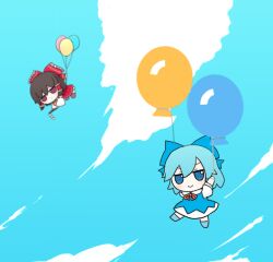 Rule 34 | 2girls, balloon, blue bow, blue dress, blue hair, blue sky, bow, chibi, cirno, cloud, dress, facing viewer, fairy, flying, frilled bow, frilled hair tubes, frills, fumo (doll), gohei, hair bow, hair tubes, hakurei reimu, light blush, looking at viewer, multiple girls, nontraditional miko, red bow, rei (tonbo0430), ribbon trim, skirt, skirt set, sky, smile, tagme, touhou