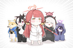 Rule 34 | 1boy, 4girls, ^ ^, alternate costume, animal costume, apron, aru (blue archive), barefoot, bath yukata, black hair, blue archive, blunt bangs, blush stickers, bowl, cat costume, chef, chibi, closed eyes, commentary request, demon costume, demon girl, demon horns, dog, food, full body, furry, furry male, green eyes, hair between eyes, halo, haruka (blue archive), holding, holding bowl, holding staff, hood, hoodie, horns, japanese clothes, kayoko (blue archive), kimono, long hair, long sleeves, looking at viewer, master shiba (blue archive), multicolored hair, multiple girls, mutsuki (blue archive), noodles, pajamas, puffy cheeks, purple eyes, rabbit costume, ramen, red eyes, red hair, scar, scar across eye, scar on face, shiba inu, short hair, short hair with long locks, sidelocks, simple background, sitting, smoking pipe, staff, standing, two-tone hair, waist apron, white background, white hair, white headwear, yosik, yukata