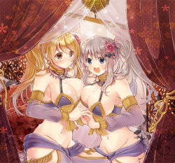 Rule 34 | 2girls, alternate breast size, alternate costume, armlet, asymmetrical docking, bare shoulders, bat hair ornament, blonde hair, blue eyes, blush, bracelet, breast press, breasts, brown eyes, cleavage, cosplay, crossover, curtains, detached sleeves, flower, groin, hair flower, hair ornament, himeria, himeria (cosplay), holding hands, interlocked fingers, jewelry, large breasts, little busters!, long hair, lots of jewelry, midriff, multiple girls, navel, neck ring, noumi kudryavka, open mouth, ribbon, see-through, serino itsuki, shiny skin, side ponytail, silver hair, skindentation, tassel, unlimited hearts, white s