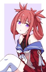 Rule 34 | 1girl, :o, absurdres, atelier live, hair ornament, hair rings, hairclip, head tilt, highres, kani kanizawa, looking to the side, off shoulder, open mouth, purple eyes, red hair, shrugging, sitting, solo, thighhighs, valefal coneri, virtual youtuber