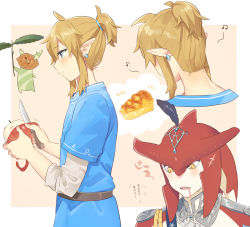 Rule 34 | 2boys, apple, apple pie, blonde hair, blue shirt, blush, colored skin, drooling, earrings, feather hair ornament, feathers, food, from side, fruit, hair ornament, highres, holding, holding food, holding knife, jewelry, knife, korok, layered sleeves, link, long hair, long sleeves, multiple boys, multiple views, musical note, nintendo, pointy ears, red apple, red hair, red skin, shirt, short over long sleeves, short ponytail, short sleeves, sidon, smile, the legend of zelda, the legend of zelda: breath of the wild, translation request, ttanuu.