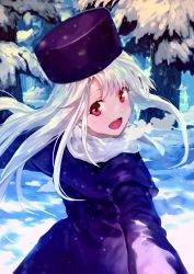 Rule 34 | 1girl, :d, bob (biyonbiyon), coat, day, fate/stay night, fate (series), floating hair, forest, fur hat, hat, highres, illyasviel von einzbern, long hair, looking at viewer, looking back, nature, open mouth, outdoors, papakha, purple coat, purple hat, red eyes, scarf, silver hair, smile, snow, solo, steam, white scarf, winter clothes, winter coat