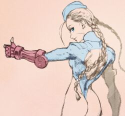 Rule 34 | 1girl, ass, backboob, blue eyes, blue hat, blue leotard, braid, breasts, cammy white, commentary request, fingerless gloves, gloves, hat, highleg, highleg leotard, highres, iwamoto tatsurou, large breasts, leotard, long hair, looking at viewer, looking back, sketch, smile, solo, street fighter, thong leotard, thumbs up, twin braids, upper body