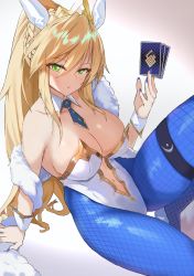 Rule 34 | 1girl, absurdres, animal ears, artoria pendragon (all), artoria pendragon (fate), artoria pendragon (swimsuit ruler) (fate), bare shoulders, blonde hair, blue necktie, blue pantyhose, blush, braid, breasts, cleavage, clothing cutout, ddalrim, detached collar, fake animal ears, fate/grand order, fate (series), fishnet pantyhose, fishnets, french braid, green eyes, hair between eyes, highleg, highleg leotard, highres, knee up, large breasts, leotard, long hair, looking at viewer, navel, navel cutout, necktie, open mouth, pantyhose, playboy bunny, ponytail, rabbit ears, sidelocks, sitting, solo, thigh strap, tiara, white leotard, wrist cuffs