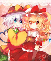 Rule 34 | 2girls, ascot, azu (kirara310), bad id, bad pixiv id, blonde hair, blouse, blue eyes, border, bow, elbow gloves, flandre scarlet, gloves, gradient background, hand on another&#039;s shoulder, hat, hat ribbon, heads together, heart, heart of string, komeiji koishi, lace, looking at viewer, mob cap, multiple girls, open mouth, parted lips, puffy short sleeves, puffy sleeves, red eyes, ribbon, shirt, short hair, short sleeves, side ponytail, skirt, skirt set, sleeves past wrists, touhou, white hair, wings