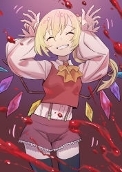 Rule 34 | 1girl, absurdres, ascot, black thighhighs, blonde hair, blood, buttons, caramelldansen, closed eyes, collared shirt, commentary request, contrapposto, cowboy shot, flandre scarlet, grin, hair bobbles, hair ornament, highres, kawayabug, lace-trimmed shorts, lace trim, long sleeves, medium hair, puffy long sleeves, puffy sleeves, red shorts, red vest, shirt, shorts, side ponytail, smile, solo, standing, suspender shorts, suspenders, teeth, thighhighs, touhou, vest, wings, yellow ascot
