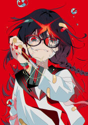 Rule 34 | 1girl, absurdres, bandaid, bandaid on clothes, bandaid on face, bandaid on hand, bandaid on wrist, black hair, black sailor collar, boxcutter, braid, broken eyewear, commentary request, crying, crying with eyes open, glasses, grey eyes, hair between eyes, hand up, highres, holding boxcutter, long hair, long sleeves, looking at viewer, multicolored eyes, nail polish, neckerchief, omutatsu, original, red background, red eyes, red nails, red neckerchief, sailor collar, school uniform, shirt, simple background, single braid, solo, straight-on, tearing up, tears, upper body, white shirt