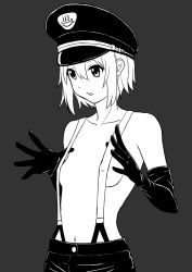 Rule 34 | 00s, 1girl, breasts, covered erect nipples, gloves, grey background, hat, k-on!, midriff, navel, overalls, parted lips, short hair, shorts, simple background, small breasts, solo, standing, tainaka ritsu, tsukkun, uniform