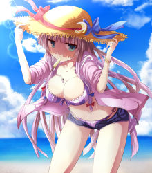 Rule 34 | 1girl, bikini, bikini under clothes, breasts, cleavage, collarbone, crescent, day, female focus, food, hands on headwear, hat, large breasts, leaning forward, long hair, mouth hold, navel, patchouli knowledge, popsicle, purple eyes, purple hair, ram hachimin, side-tie bikini bottom, sleeves pushed up, solo, straw hat, striped bikini, striped clothes, sun hat, sunlight, sweat, swimsuit, swimsuit under clothes, touhou, vertical-striped bikini, vertical-striped clothes