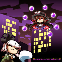 Rule 34 | 2girls, :3, = =, black bow, black cloak, black footwear, bow, bow hairband, brown hair, building, chibi, cloak, cloud, cloudy sky, commentary request, english text, floating, ghost, glasses, green skirt, green vest, hairband, hat, hat bow, hitodama, kashuu (b-q), konpaku youmu, konpaku youmu (ghost), multiple girls, night, occult ball, outdoors, plaid, plaid skirt, plaid vest, purple skirt, purple vest, runes, shirt, skirt, sky, touhou, two-sided cloak, two-sided fabric, usami sumireko, vest, white bow, white hair, white shirt