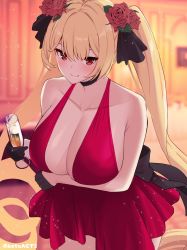 Rule 34 | 1girl, absurdly long hair, alternate costume, arm under breasts, artist name, azur lane, batsu, black choker, black gloves, blonde hair, breasts, center opening, choker, cleavage, cocktail dress, dress, evening gown, flower, gloves, hair flower, hair ornament, half gloves, halter dress, halterneck, highres, large breasts, leaning forward, long hair, looking at viewer, nelson (azur lane), red dress, red eyes, red flower, red rose, rose, solo, twintails, very long hair