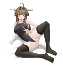 Rule 34 | 1girl, absurdres, ahoge, bed sheet, black one-piece swimsuit, black thighhighs, blush, breasts, brown hair, clothes pull, collarbone, competition swimsuit, condom, condom wrapper, double bun, full body, hair bun, headgear, highleg, highleg swimsuit, highres, kantai collection, knee up, kongou (kancolle), kongou kai ni (kancolle), large breasts, long hair, looking at viewer, lying, mouth hold, one-piece swimsuit, one-piece swimsuit pull, pulled by self, purple eyes, smile, solo, spread legs, swimsuit, takaman (gaffe), thighhighs, v