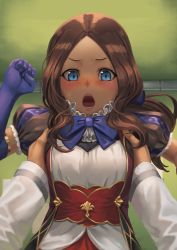 Rule 34 | 1girl, aged down, blue bow, blue eyes, blue gloves, blush, bow, brown hair, carrying, commentary request, fate/grand order, fate (series), gloves, highres, leonardo da vinci (fate), leonardo da vinci (fate/grand order), leonardo da vinci (rider) (fate), lifting person, long hair, looking at viewer, open mouth, parted bangs, pov, ranma (kamenrideroz), solo focus