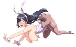 Rule 34 | 1girl, ahoge, all fours, animal ears, ass, bad id, bad twitter id, blue hair, blush, breasts, breasts out, brown eyes, detached collar, fake animal ears, falling, from side, full body, hanging breasts, high heels, highres, kantai collection, large breasts, leotard, long hair, nipples, open mouth, pantyhose, playboy bunny, puffy nipples, rabbit ears, rabbit tail, simple background, skindentation, solo, strapless, strapless leotard, sweat, tail, thigh strap, ushio (kancolle), white background, white leotard, wrist cuffs, yoshi tama