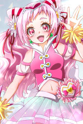 Rule 34 | 1girl, :d, back bow, bare shoulders, blush, bow, breasts, clothing cutout, clover earrings, commentary request, cone hair bun, cowboy shot, cure yell, earrings, flower, hair bun, hair flower, hair ornament, hair ribbon, heart, heart hair ornament, hugtto! precure, jewelry, kon&#039;no haruka, layered skirt, lipstick, long hair, looking at viewer, magical girl, makeup, medium breasts, navel, navel cutout, nono hana, open mouth, pink eyes, pink hair, pink shirt, pink skirt, pom pom (cheerleading), precure, red lips, red ribbon, ribbon, shirt, sidelocks, skirt, sleeveless, sleeveless shirt, smile, solo, standing, waving, white bow