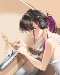 Rule 34 | 1girl, arm tattoo, black hair, breasts, brown background, brown car, brown eyes, car, commentary, english commentary, haow, highres, long hair, medium breasts, mercury (company), mercury eight, motor vehicle, multicolored hair, original, painting (action), ponytail, purple hair, shizuku (haow), sidelocks, smile, solo, streaked hair, sweat, tank top, tattoo, white tank top