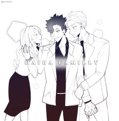 Rule 34 | 1girl, 2boys, absurdres, arm grab, bisexual male, blush, brother and sister, formal, haiba arisa, haiba lev, haikyuu!!, hand on another&#039;s face, hand on another&#039;s shoulder, highres, holding hands, jacket, kuroo tetsurou, long hair, long sleeves, looking at another, multiple boys, necktie, pants, qlvmf2cya, shirt, short hair, siblings, skirt, smile