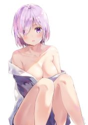 Rule 34 | 1girl, artist name, bare shoulders, blush, breasts, cherim, cleavage, collarbone, eyes visible through hair, fate/grand order, fate (series), hair over one eye, highres, light purple hair, looking at viewer, mash kyrielight, medium breasts, open mouth, purple eyes, short hair, simple background, sitting, solo, white background