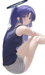 Rule 34 | 1girl, blue archive, blue tank top, blush, breasts, commentary, halo, highres, long hair, looking at viewer, looking to the side, mechanical halo, medium breasts, mu mumu, parted bangs, purple eyes, purple hair, shorts, simple background, solo, tank top, thighs, white background, yuuka (blue archive)
