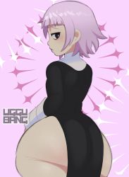 Rule 34 | 1girl, androgynous, artist name, ass, black dress, blunt bangs, blush, crona (soul eater), dress, highres, huge ass, looking back, pink background, pink hair, short hair, solo, soul eater, thick thighs, thighs, uggu bang, wide hips