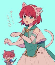 Rule 34 | 1boy, 1girl, anger vein, animal ears, aqua background, bad id, bad twitter id, bell, brother and sister, cat day, cat ears, cat tail, chibi, dress, elbow gloves, fake animal ears, fake tail, fire emblem, fire emblem: the blazing blade, gloves, green eyes, highres, long sleeves, nintendo, open mouth, priscilla (fire emblem), raven (fire emblem), red eyes, red hair, see-through, short hair, siblings, simple background, sushitarou, tail, white gloves