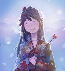 Rule 34 | 10s, 1girl, :d, amagi (kancolle), arrow (projectile), bad id, bad twitter id, blush, collarbone, japanese clothes, kantai collection, kimono, kylin, long hair, mole, mole under eye, open mouth, smile, solo, wide sleeves