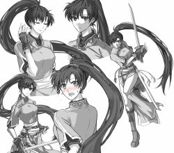 Rule 34 | 1girl, annoyed, blush, delsaber, embarrassed, fire emblem, fire emblem: the blazing blade, frown, furrowed brow, greyscale, katana, long hair, looking at viewer, lyn (fire emblem), monochrome, nintendo, open mouth, ponytail, rope belt, running, smile, sweat, sword, very long hair, weapon