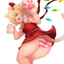 Rule 34 | 1girl, animal ears, animal hands, ascot, ass, blonde hair, bow, cat ears, cat tail, dress shirt, eyebrows, fangs, flandre scarlet, frilled sleeves, frills, from behind, gloves, hair bobbles, hair bow, hair ornament, hands up, kemonomimi mode, legs together, looking at viewer, looking back, miniskirt, no headwear, open mouth, panties, paw gloves, paw pose, puffy short sleeves, puffy sleeves, red bow, red skirt, red vest, sekiyu (spartan), shirt, short sleeves, side ponytail, skirt, skirt set, smile, solo, striped clothes, striped panties, tail, thighs, tongue, touhou, underwear, upskirt, vest, white shirt, wings