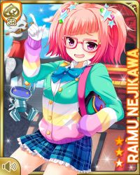 Rule 34 | 1girl, asymmetrical legwear, backpack, bag, blue bow, bow, cardigan, character name, day, girlfriend (kari), glasses, gloves, hair ornament, lion statue, looking at viewer, medium hair, mismatched legwear, nejikawa raimu, official art, open mouth, outdoors, pink hair, pocket, purple eyes, qp:flapper, robot, roller skates, shine, shoes, skates, smile, sneakers, solo, standing, tagme, twintails