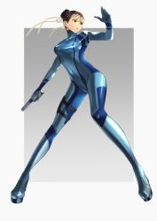 Rule 34 | 1girl, absurdres, blue bodysuit, bodysuit, breasts, brown eyes, brown hair, capcom, chun-li, commentary request, cosplay, double bun, full body, gradient background, hair bun, hara kenshi, highres, holding, holding weapon, holster, lips, long sleeves, looking away, medium breasts, metroid, mole, mole under mouth, nintendo, parted lips, samus aran, samus aran (cosplay), shiny clothes, skin tight, solo, standing, street fighter, thigh holster, turtleneck, weapon, zero suit