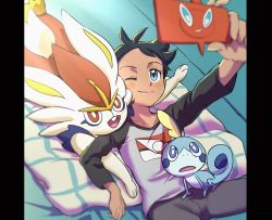 Rule 34 | 1boy, black hair, blue eyes, blush, cinderace, closed mouth, collarbone, commentary request, creatures (company), eyelashes, game freak, gen 4 pokemon, gen 8 pokemon, goh (pokemon), grey pants, indoors, looking up, lying, male focus, matsuno opa, nintendo, on back, one eye closed, pants, pokemon, pokemon (anime), pokemon (creature), pokemon journeys, rotom, rotom phone, shirt, smile, sobble