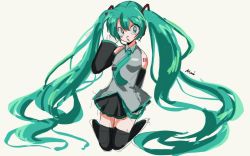 Rule 34 | 1990s (style), 1girl, :o, black footwear, black skirt, boots, commentary, detached sleeves, green hair, green necktie, grey background, grey shirt, hatsune miku, highres, kneeling, looking to the side, necktie, nui inu, open mouth, retro artstyle, shirt, sketch, skirt, sleeveless, sleeveless shirt, solo, thigh boots, thighhighs, twintails, vocaloid
