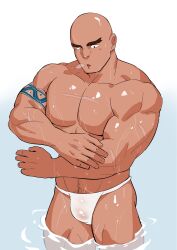Rule 34 | 1boy, abs, another eidos-r, bald, bara, bathing, breath, bulge, excessive pubic hair, feet out of frame, forked eyebrows, fundoshi, highres, japanese clothes, kansuke (kansuke 717), large pectorals, male focus, mature male, muscular, muscular male, namuda (crave saga), navel, navel hair, no nipples, pectorals, pubic hair, scar, scar on chest, see-through, shiny skin, short hair, solo, standing, thick eyebrows, thick thighs, thighs, wading, wet, wet clothes, wet fundoshi
