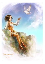 Rule 34 | 1girl, artist name, bird, black hair, bodysuit, boots, border, breasts, brown footwear, brown gloves, castle, closed mouth, cloud, commentary, copyright name, dated, dot nose, dove, english text, final fantasy, final fantasy ix, forehead, full body, garnet til alexandros xvii, gloves, hand up, high heels, jewelry, knees together feet apart, komugiko no mori, long sleeves, looking at another, medium breasts, necklace, orange bodysuit, outdoors, puffy long sleeves, puffy sleeves, short hair, signature, sitting, sky, smile, solo, symbol-only commentary, thigh strap, white border