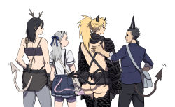 Rule 34 | 1boy, 3girls, antlers, arm at side, arms at sides, ass, backless outfit, belt pouch, black gloves, black hair, black pants, black skirt, blue jacket, blue pants, blue skirt, clothes writing, clothing cutout, collared shirt, cowboy shot, crotchless, crotchless pants, demon boy, demon girl, demon horns, demon tail, dorohedoro, earrings, gloves, grey hair, half updo, hand on another&#039;s back, hand on own hip, haru (dorohedoro), highres, horns, jacket, jewelry, kawajiri, ki (mxxxx), lineup, lock, long hair, long sleeves, looking at another, looking to the side, low ponytail, mask, midriff, miniskirt, motion lines, multiple girls, nikaidou (dorohedoro), noi (dorohedoro), open mouth, padlock, pants, pants under skirt, pleated skirt, ponytail, pouch, profile, red eyes, revealing clothes, shirt, short sleeves, shorts, shorts under skirt, simple background, single horn, skirt, tail, tail through clothes, track suit, white background, white shirt