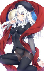 Rule 34 | 1girl, absurdres, black bodysuit, black hat, black pantyhose, bodysuit, breasts, breasts apart, caren hortensia, covered erect nipples, fate/hollow ataraxia, fate (series), floating hair, hat, highres, layered sleeves, long hair, long sleeves, medium breasts, pantyhose, red sash, sash, shiny clothes, short over long sleeves, short sleeves, silver hair, simple background, solo, thighhighs, white background, yellow eyes, yutazou