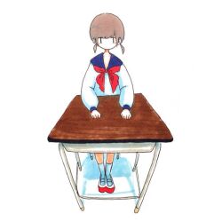 Rule 34 | 1girl, blue sailor collar, brown hair, desk, legs together, long sleeves, looking at viewer, low twintails, neckerchief, original, red neckerchief, sailor collar, sailor shirt, school desk, school uniform, serafuku, shirt, shoes, short hair, short twintails, simple background, sitting, socks, solo, straight-on, tokunaga aoi, traditional media, twintails, uwabaki, white background, white shirt, white socks