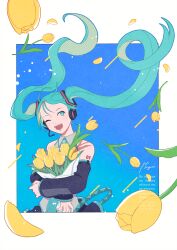 Rule 34 | 1girl, aqua eyes, aqua hair, aqua necktie, bare shoulders, bouquet, detached sleeves, flower, grey shirt, hair floating upwards, hair ornament, hatsune miku, headphones, highres, holding, holding bouquet, junngoro, long hair, miku day, necktie, number tattoo, one eye closed, open mouth, shirt, skirt, smile, solo, tattoo, teeth, thighhighs, tulip, twintails, upper teeth only, very long hair, vocaloid