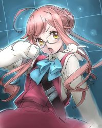 Rule 34 | 1girl, ahoge, blue-framed eyewear, dress, glasses, kantai collection, long sleeves, makigumo (kancolle), nishieda, open mouth, pink hair, purple dress, shirt, sleeves past fingers, sleeves past wrists, solo, twintails, upper body, v-shaped eyebrows, white shirt, yellow eyes