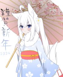 Rule 34 | &gt;:), 1girl, 2024, ahoge, animal ear fluff, animal ears, blue kimono, blush, closed mouth, commentary request, floral print, flower, fox ears, fox girl, fox tail, hair flower, hair ornament, highres, holding, holding umbrella, japanese clothes, kimono, kuronagi (mitora uwu), long hair, long sleeves, looking at viewer, obi, oil-paper umbrella, original, pink umbrella, ponytail, print kimono, print umbrella, sash, simple background, smile, solo, tail, translation request, umbrella, v-shaped eyebrows, very long hair, white background, white flower, white hair, wide sleeves